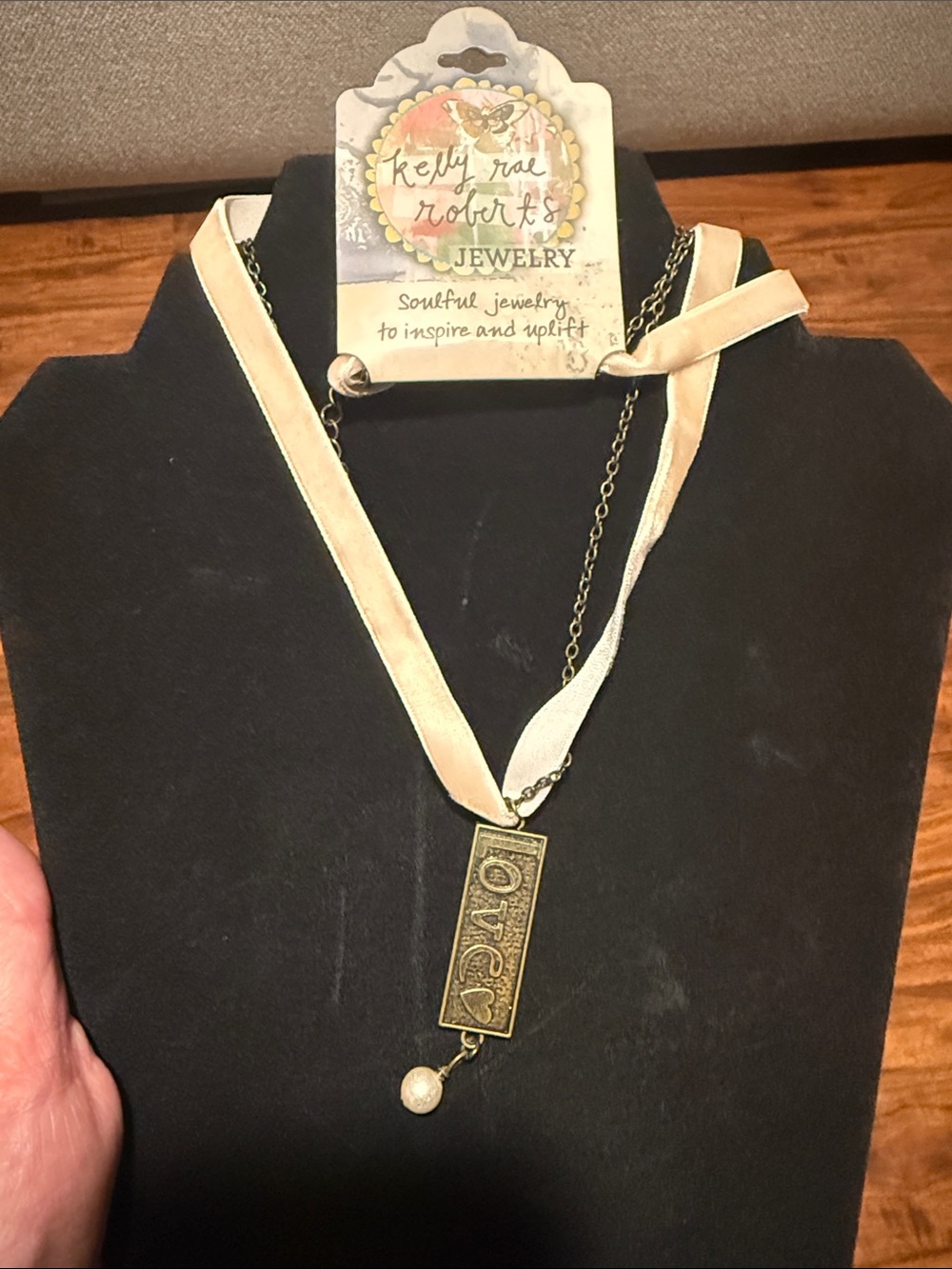 Kelly Rae Roberts Gold 'LOVE' Pendant Necklace with Cream/pink Ribbon